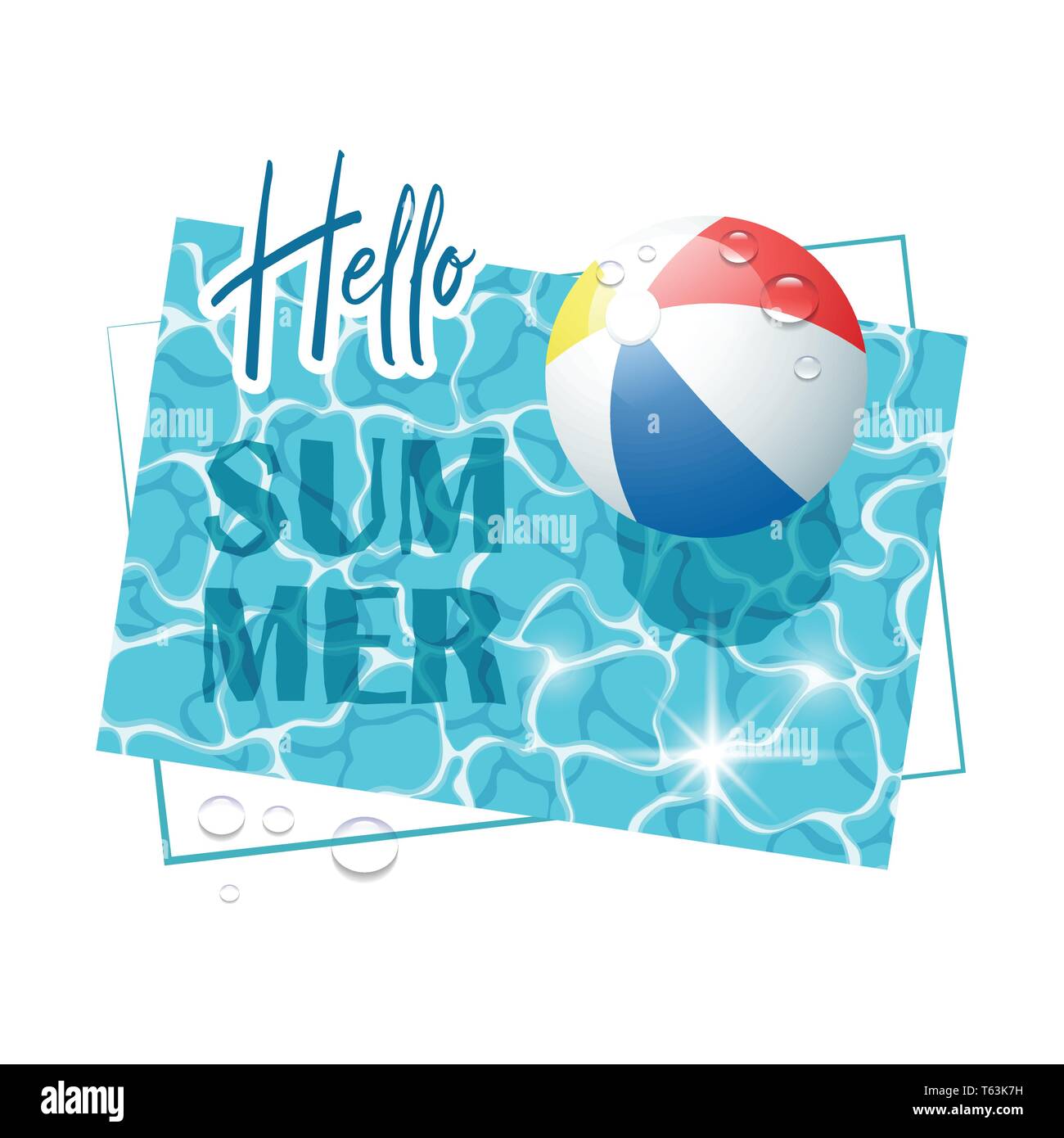 Hello Summer. Solar water surface with a colorful beach ball and water drops. View from above. Vector illustration. Stock Vector