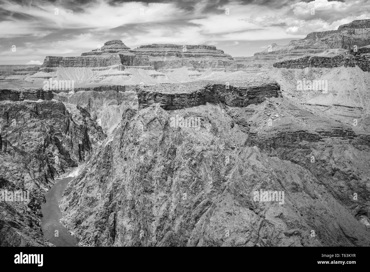 Black and white picture of a breathtaking view of the Colorado River from Plateau Point at Grand Canyon National Park, Arizona , USA Stock Photo