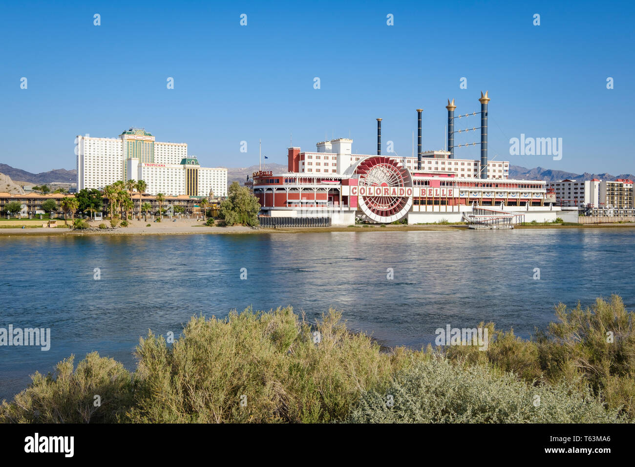 Colorado Belle Hotel & Casino is a steamboat shaped buiding on the Colorado River in Laughlin, Nevada, USA Stock Photo