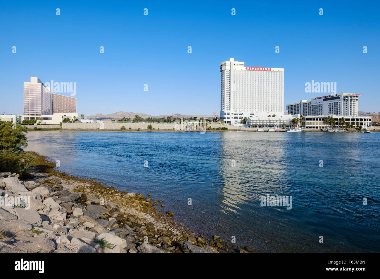Don Laughlin's Riverside Resort Hotel and Casino building next to the Colorado River in Laughlin, Nevada, USA Stock Photo