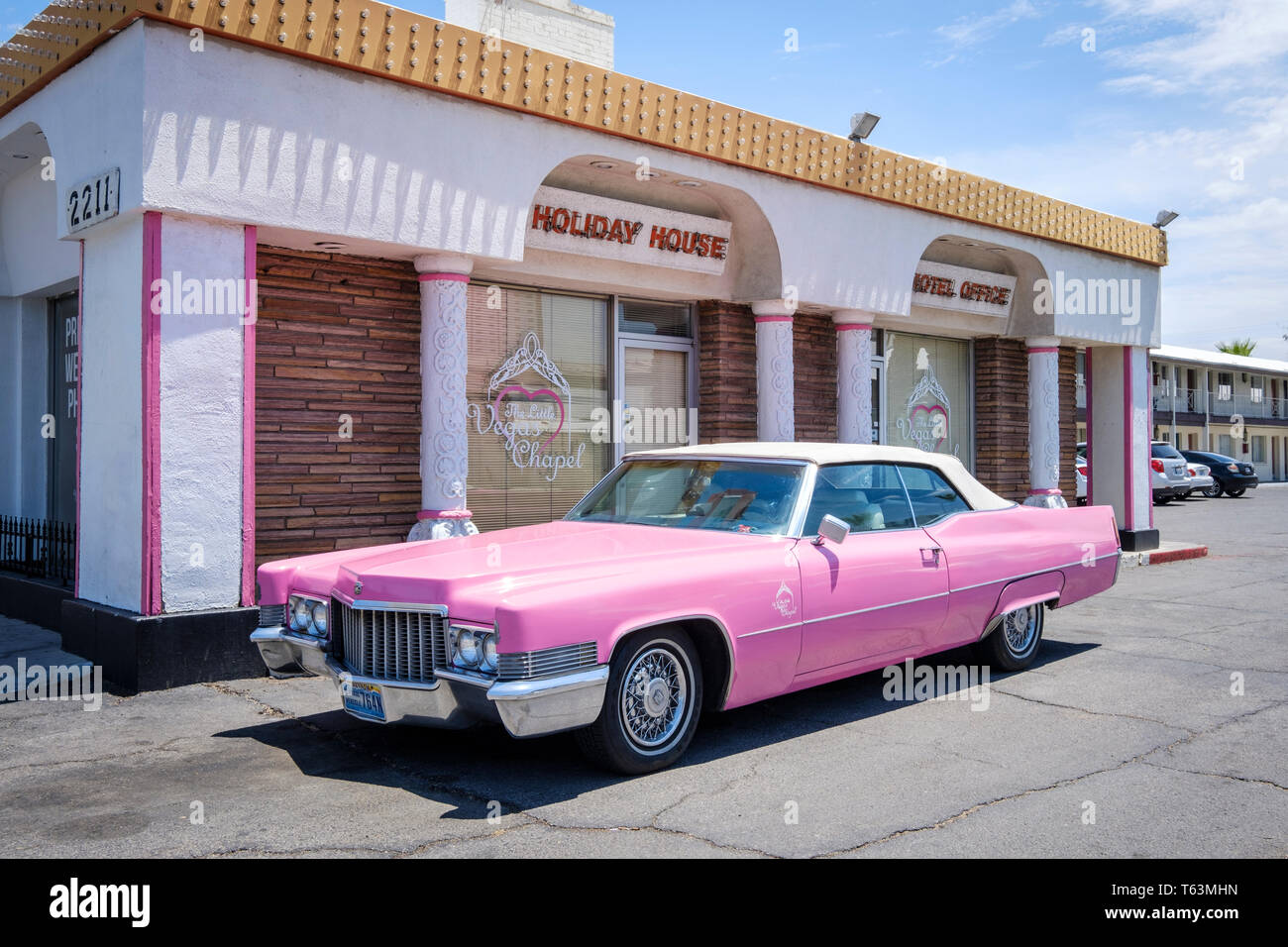 The Little Vegas Chapel Pink Cadillac at Holiday House motel in Las Vegas,  Nevada, USA Stock Photo - Alamy