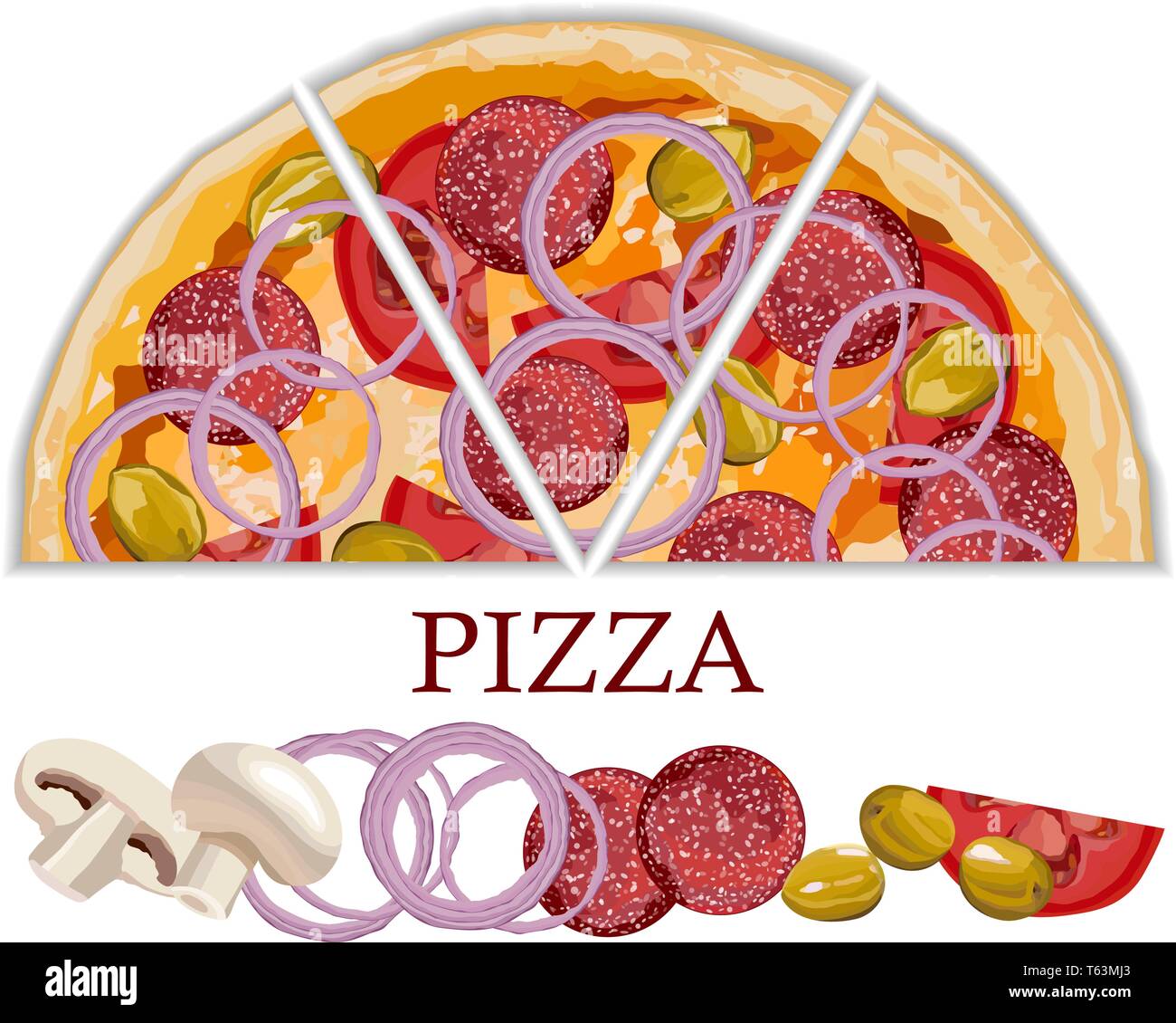 Italian original pepperoni pizza with tomatoes and onion on white background Stock Vector