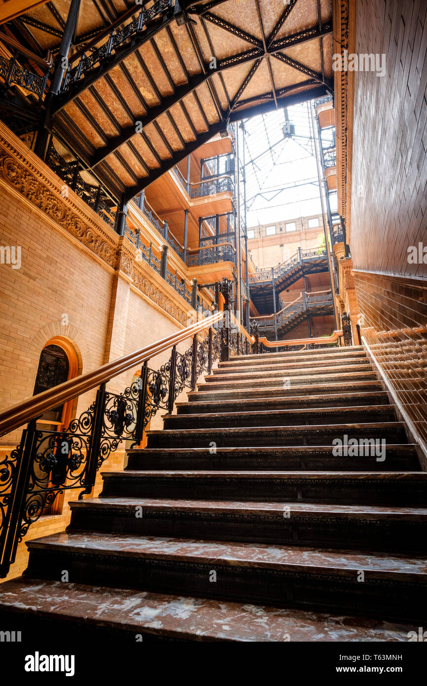 Inside iconic Bradbury Building, part of Blade Runner movie locations, in Downtown Los Angeles, California, USA Stock Photo