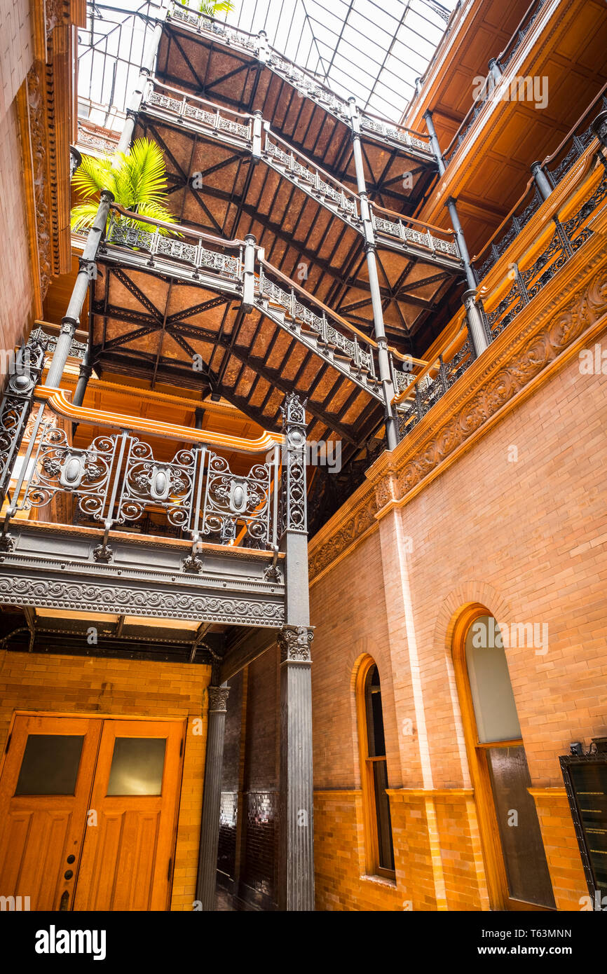 Inside iconic Bradbury Building, part of Blade Runner movie locations, in Downtown Los Angeles, California, USA Stock Photo