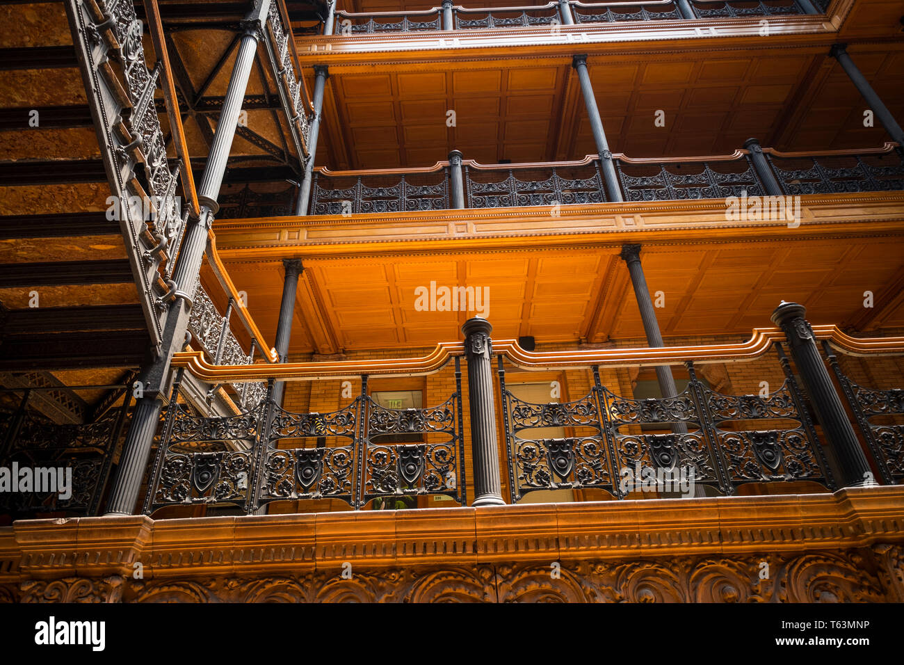 Inside iconic Bradbury Building, part of Blade Runner movie locations, in Downtown Los Angeles, California, USA Stock Photo