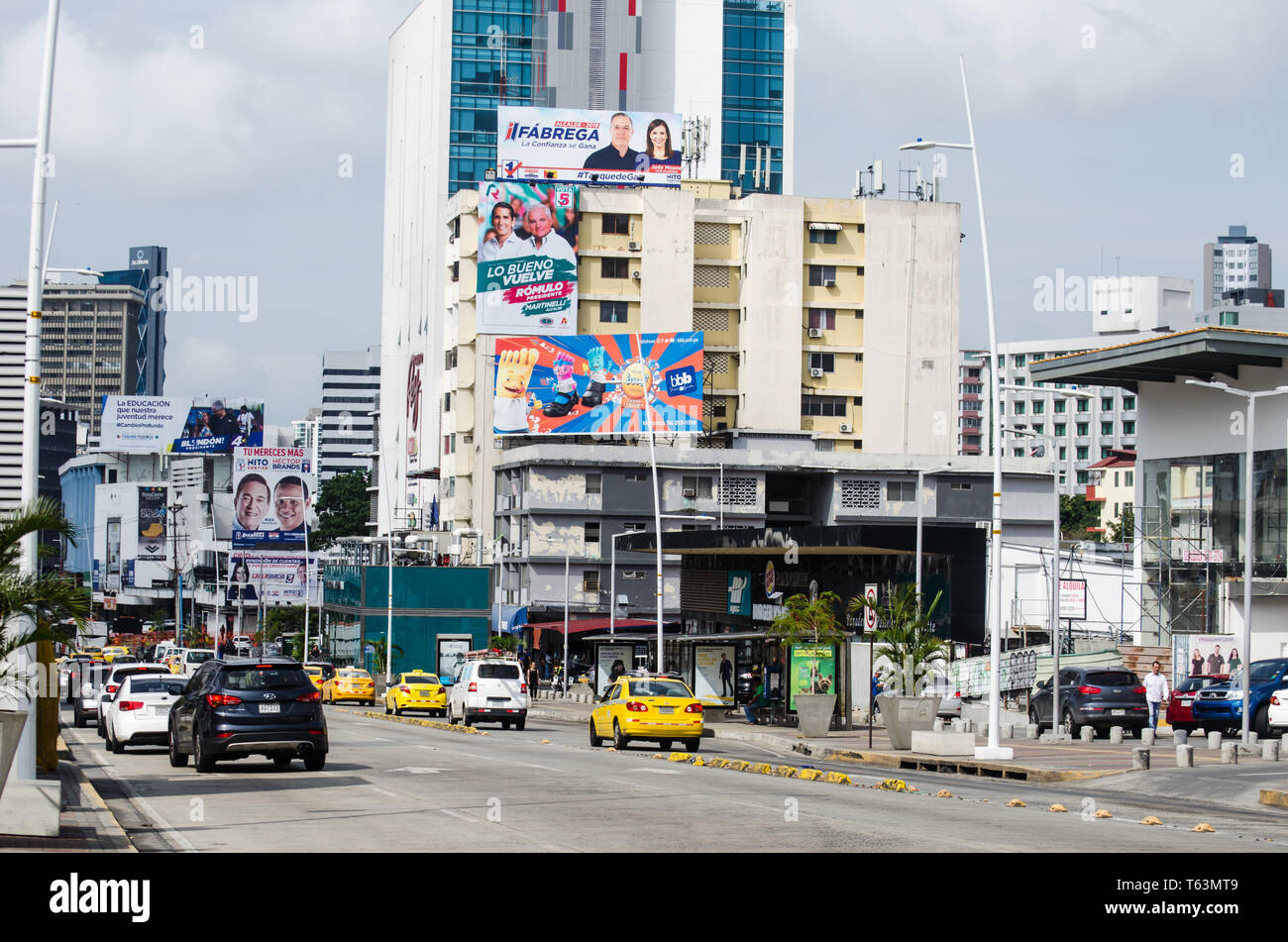 Via España in Panama City downtown. The buildings along the way were covered with candidates propagandas due to the elections going to be on May 5th. Stock Photo