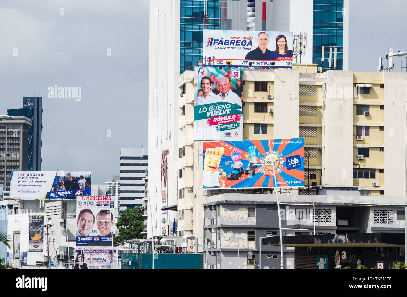 Via España in Panama City downtown. The buildings along the way were covered with candidates propagandas due to the elections going to be on May 5th. Stock Photo