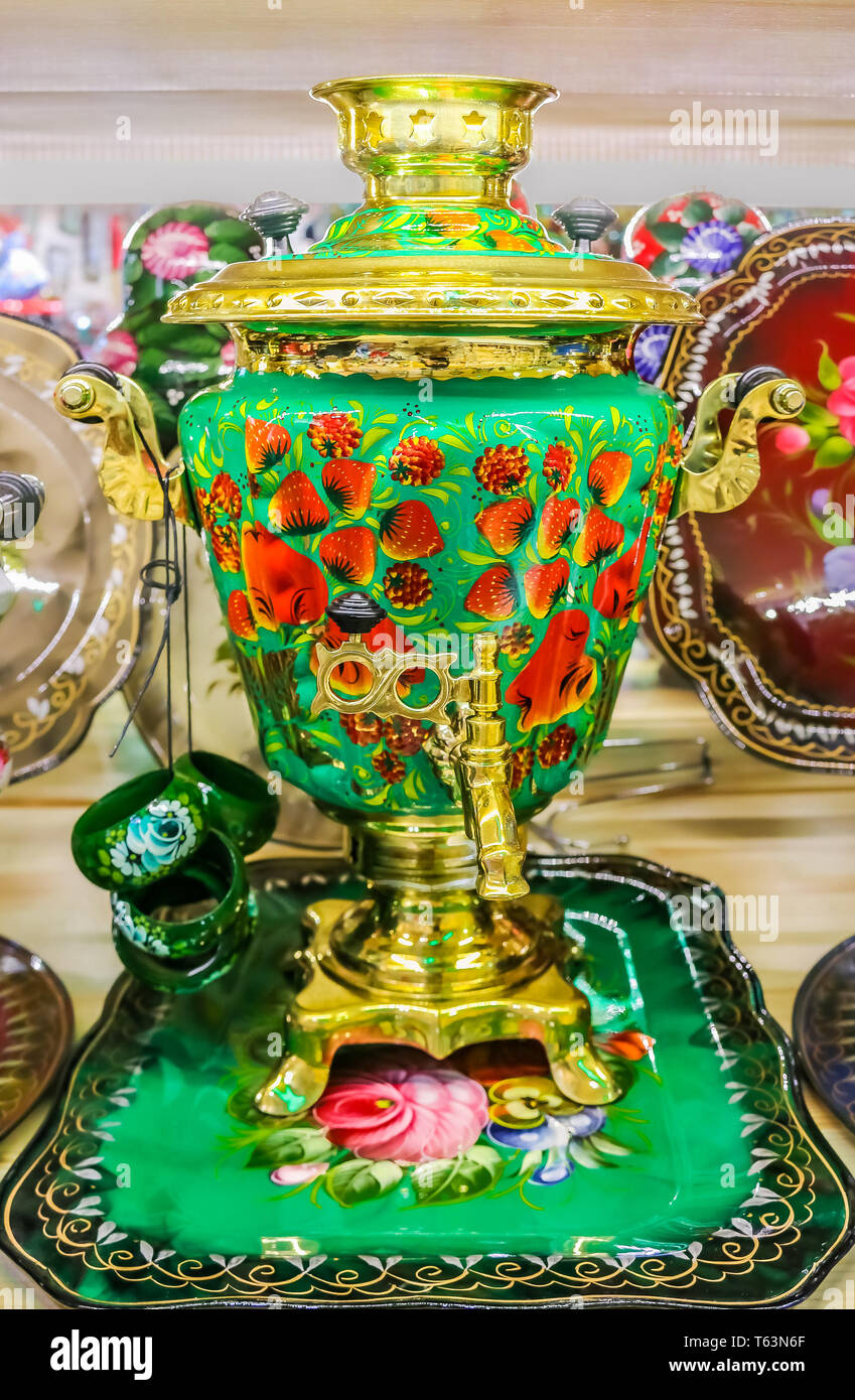 Colorful traditional hand painted Russian samovar teapot in a souvenir