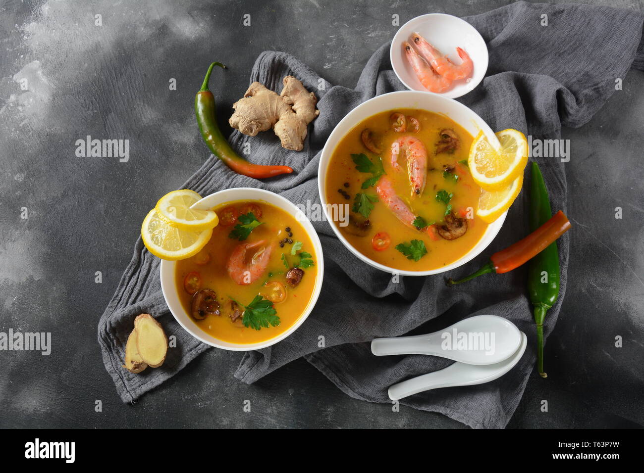 Tom Yum traditional spicy Thai soup with coconut milk, chili pepper
