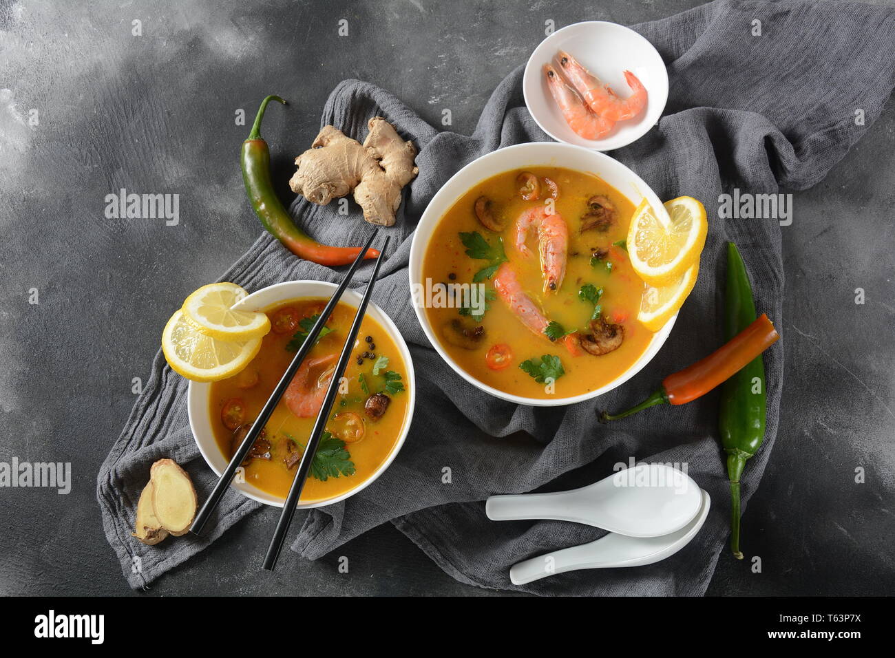 Tom Yum traditional spicy Thai soup with coconut milk, chili pepper