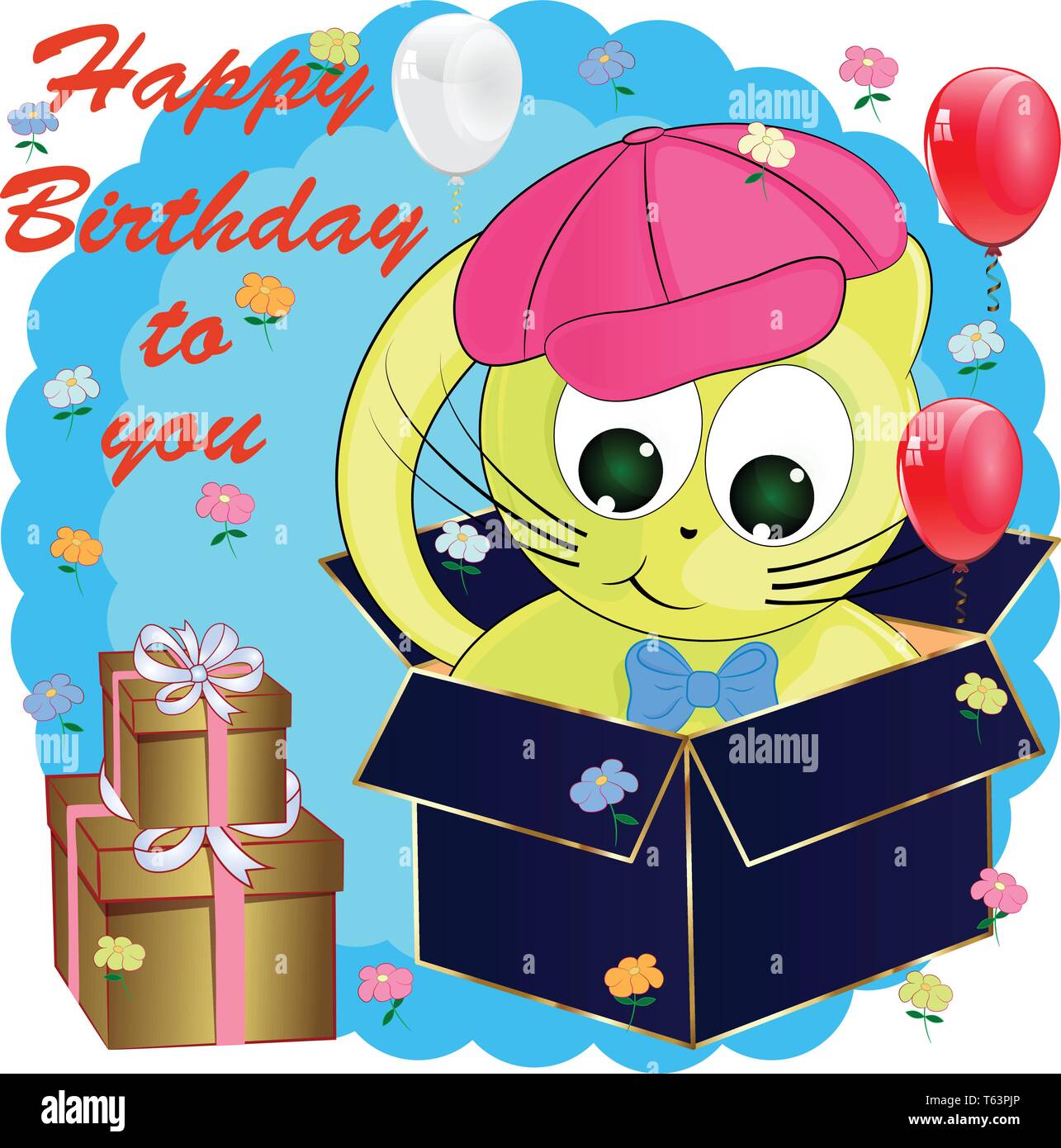 cat in a gift box cartoon vector illustration. birthday greeting card ...