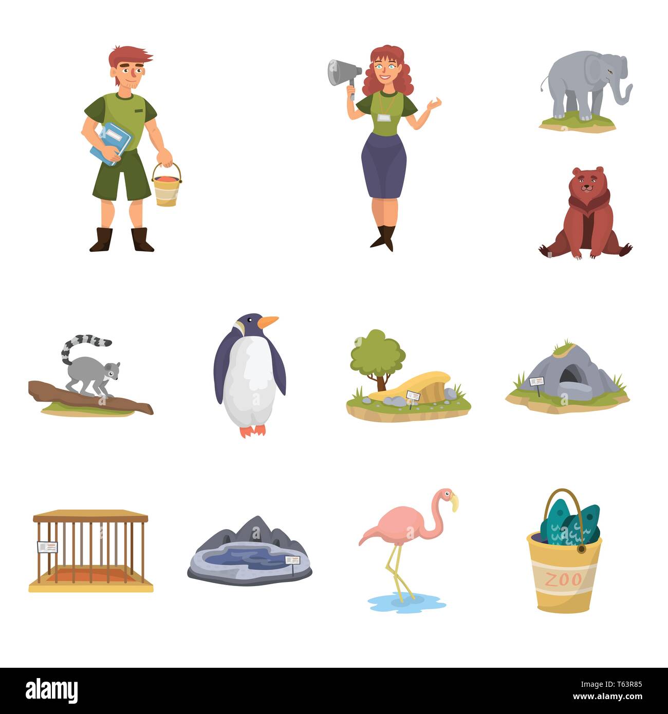 zookeeper,elephant,bear,lemur,penguin,trees,cave,cell,lake,flamingo,bucket,man,woman,cute,brown,monkey,white,sand,empty,pool,pink,fish,worker,megaphone,nursery,Africa,mound,grizzly,zoo,park,safari,animal,forest,nature,fun,flora,fauna,entertainment,set,vector,icon,illustration,isolated,collection,design,element,graphic,sign,cartoon,color Vector Vectors , Stock Vector