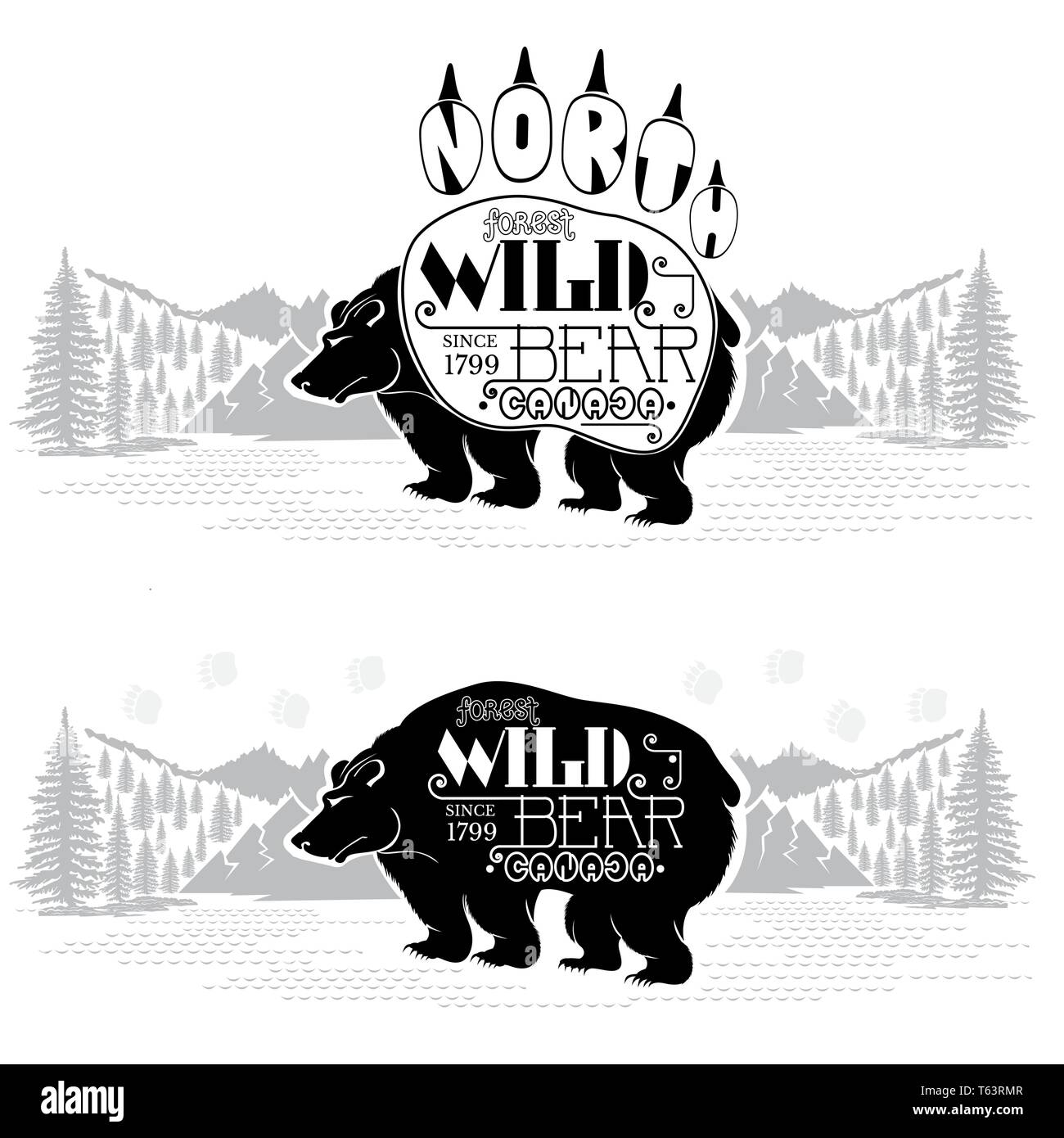 Bear Lettering Bear silhouettes on the landscape background. Wild bear canada ...