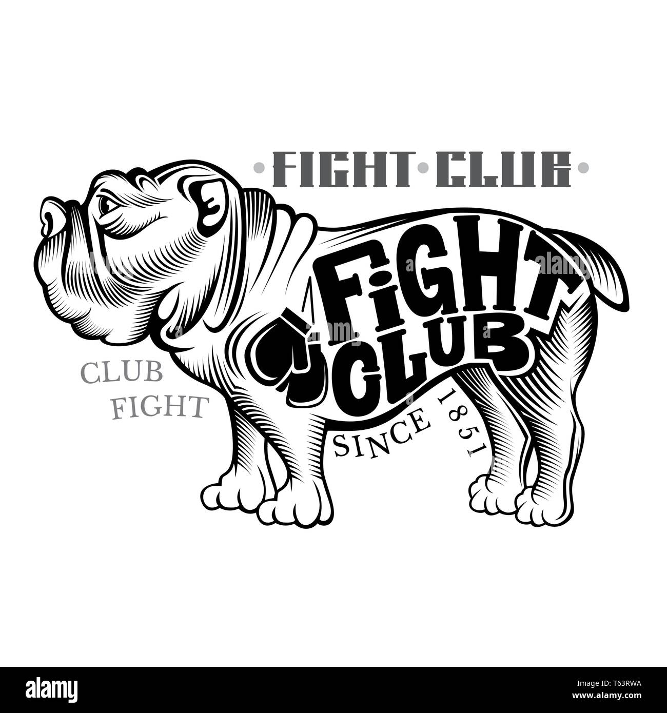 Bulldog standing sideways in engraving style with fight club lettering black on white Stock Vector