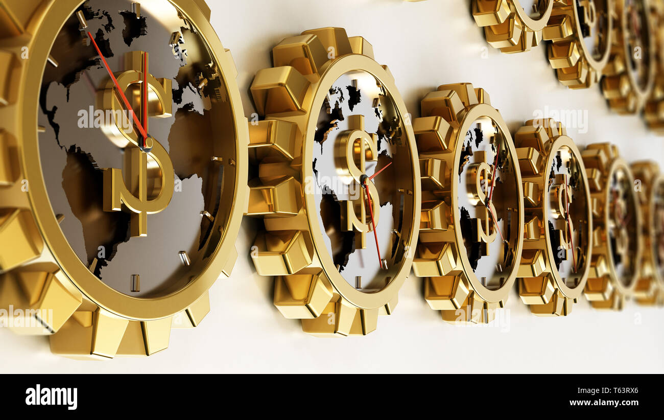 Gear shaped clocks with dollar sign. Earth map at the center. 3D