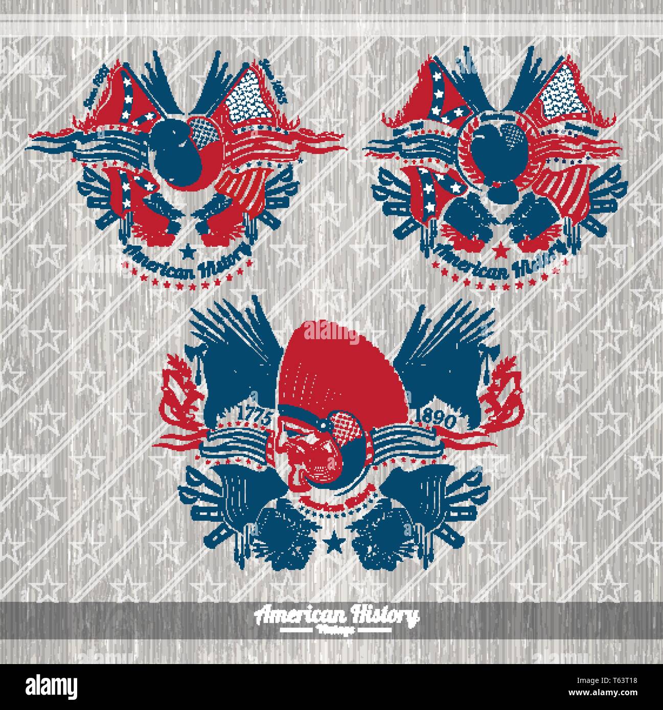 Indian bison and eagle with flags and weapons around. Set american history banners Stock Vector