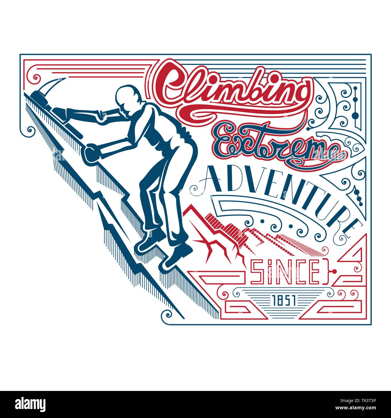 man climbing with ax vintage label Stock Vector