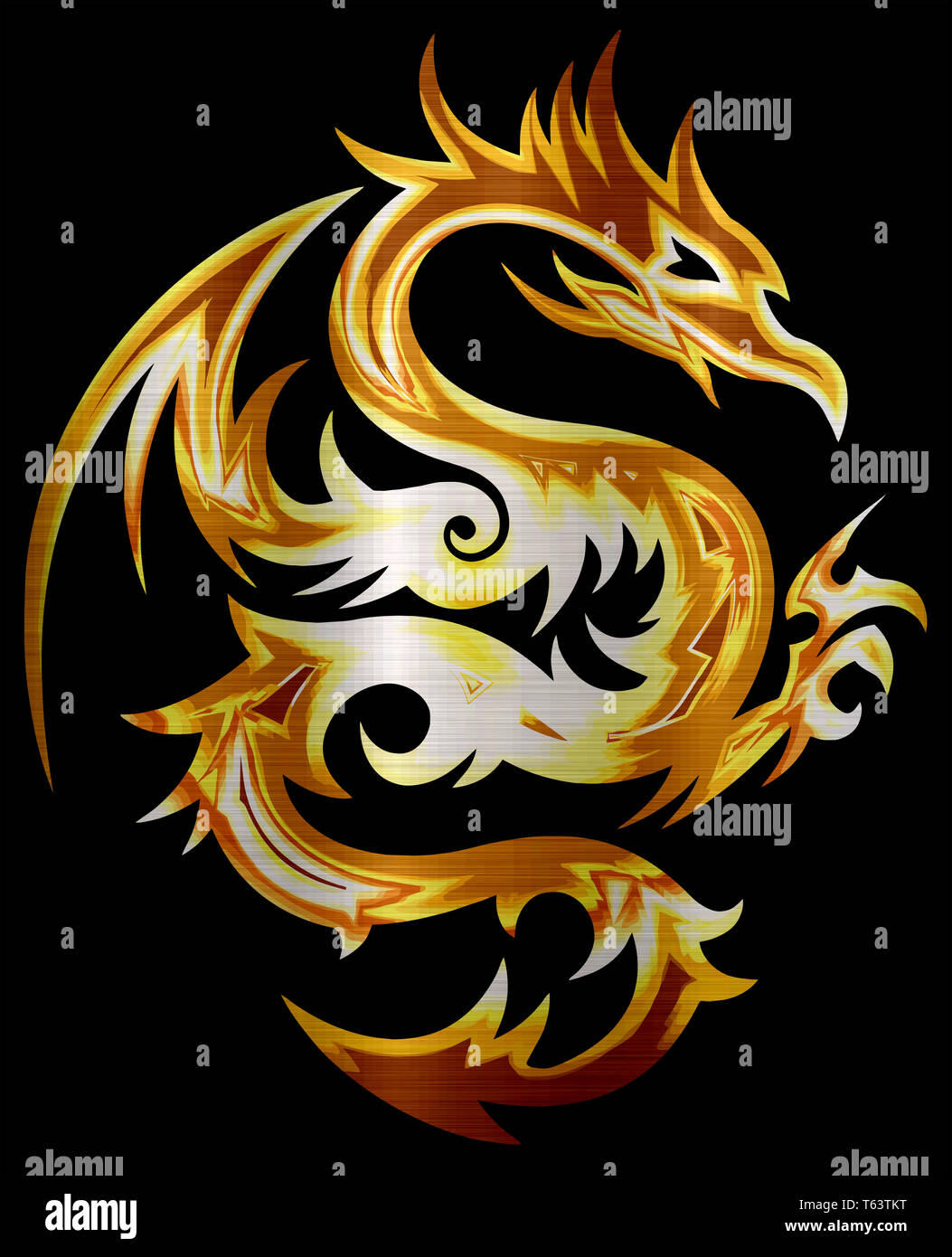 chinese dragon mythology golden fire metallic flame illustration Stock Photo