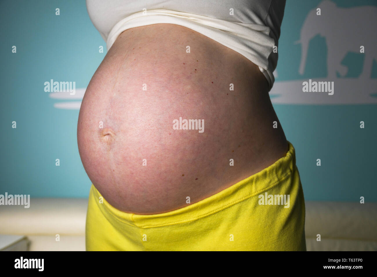 Pregnant woman at home showing her beautiful, nicely rounded tummy Stock Photo