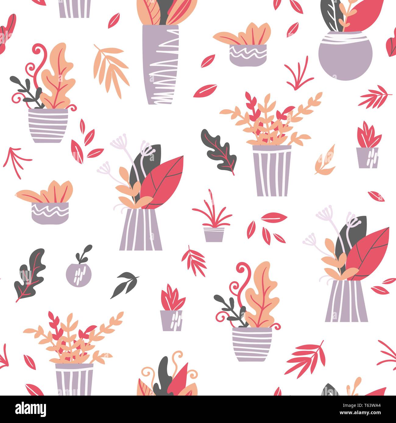 Hand drawn seamless pattern. House plants growing in pots on white background. Vector illustration. Textile, fabric, wrapping paper design. Stock Vector