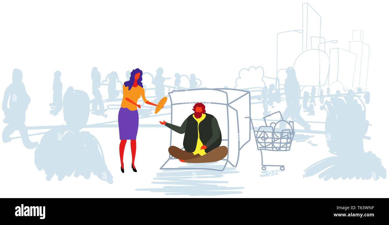 girl giving food to poor man sitting in cardboard box on street out from crowd begging for help beggar homeless feeding concept horizontal sketch Stock Vector