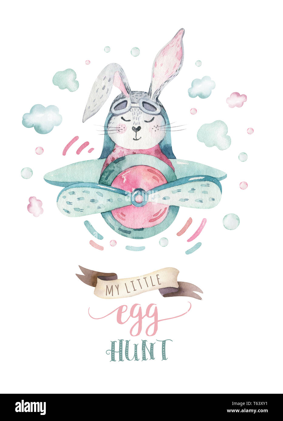 Hand drawing fly cute easter pilot bunny watercolor cartoon bunnies