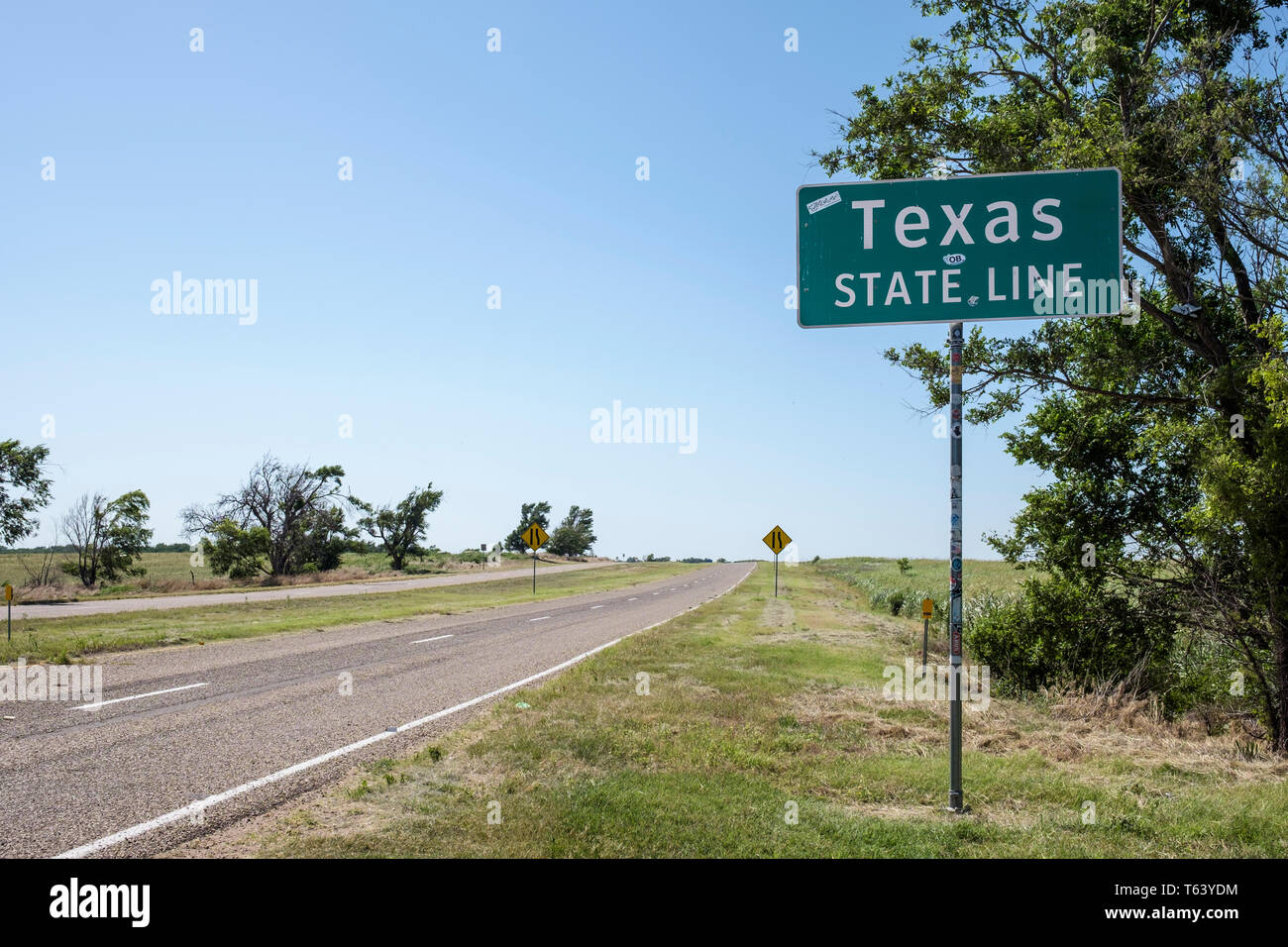 Texas State Line traffic sign on historic U.S. Route 66, Oklahoma, USA