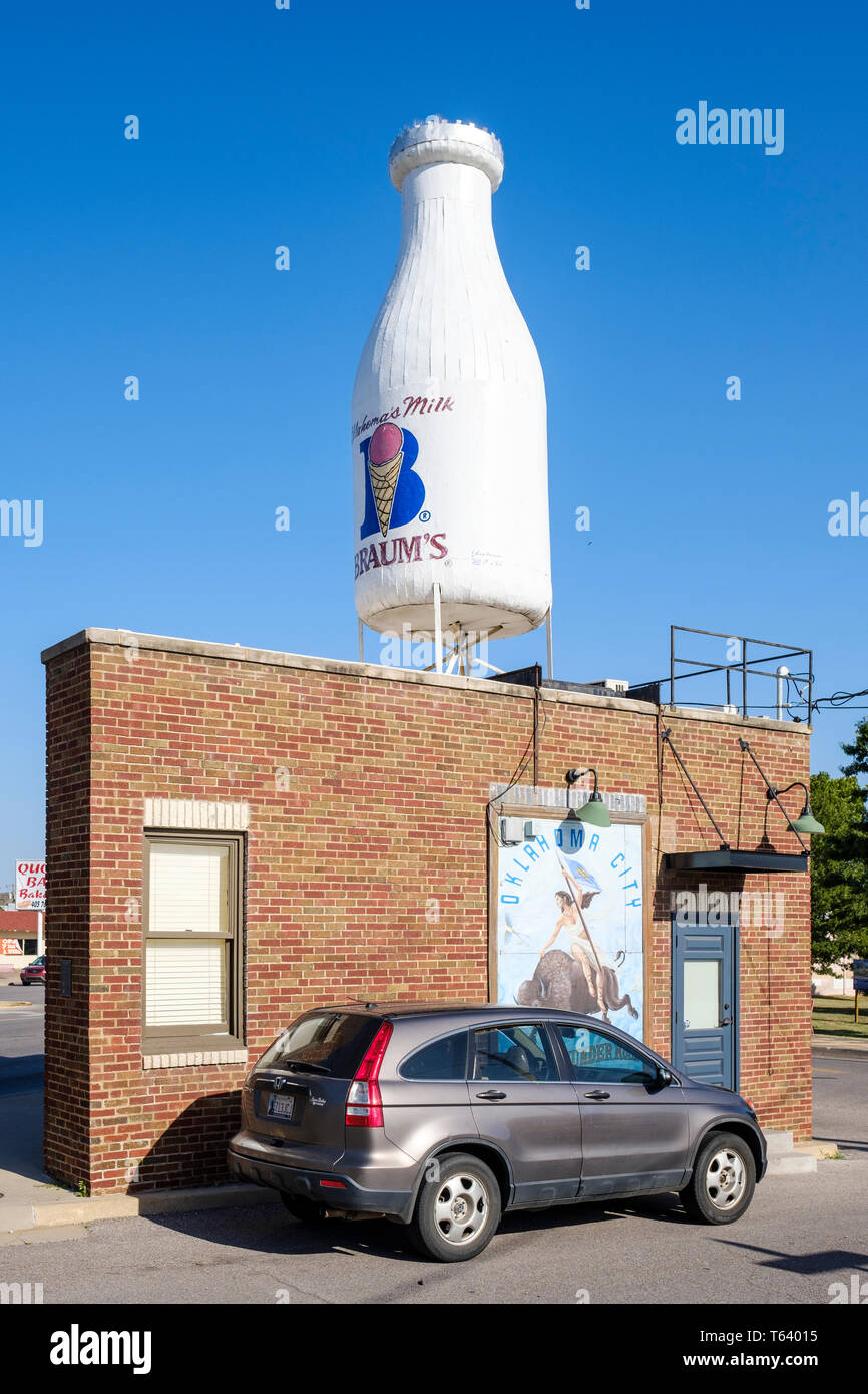 Historic U.S. Route 66  Milk Bottle Grocery is a roadside attraction located at 2426 North Classen Blvd in Oklahoma City, USA Stock Photo