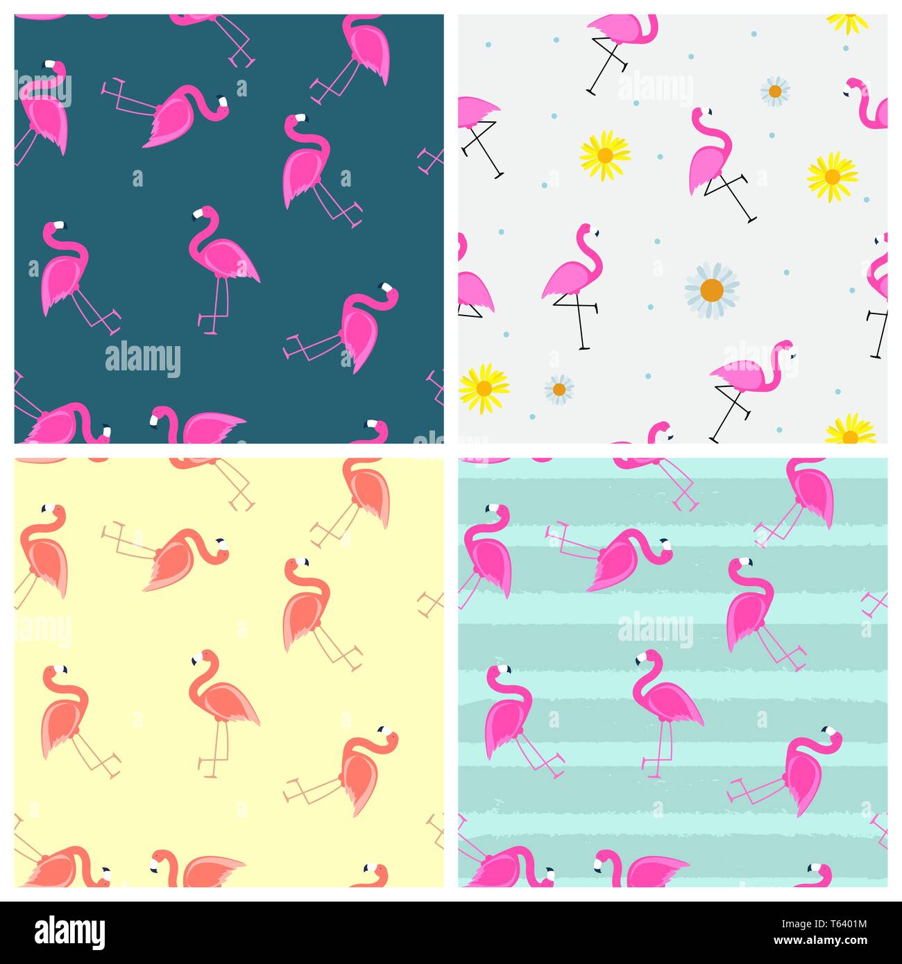 Cute Seamless Flamingo Pattern Collection Set Vector Illustration Stock ...