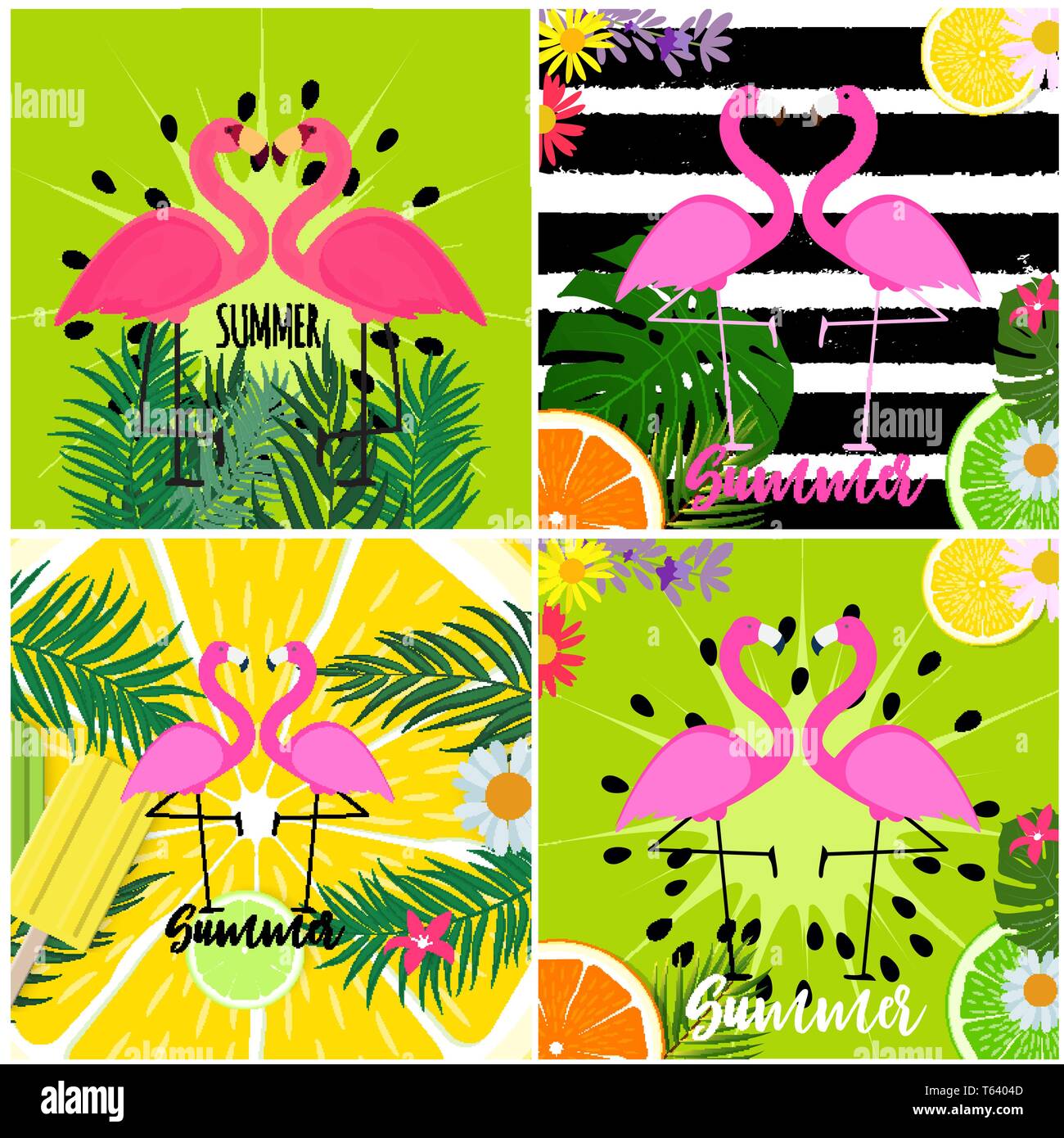 Cute Pink Flamingo Summer Background Collection Set Vector Illustration ...