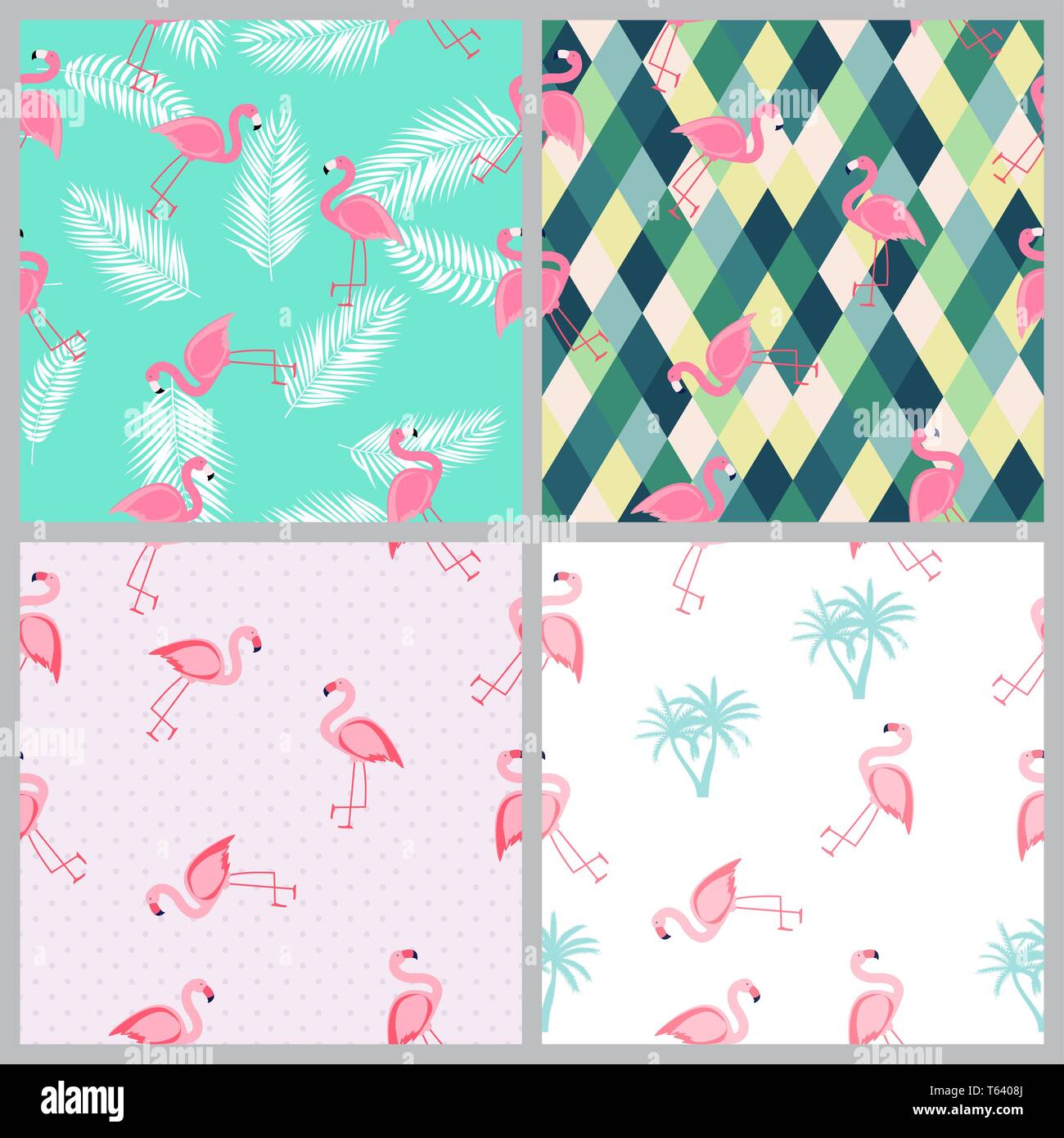 Cute Seamless Flamingo Pattern Collection Set Vector Illustration Stock ...
