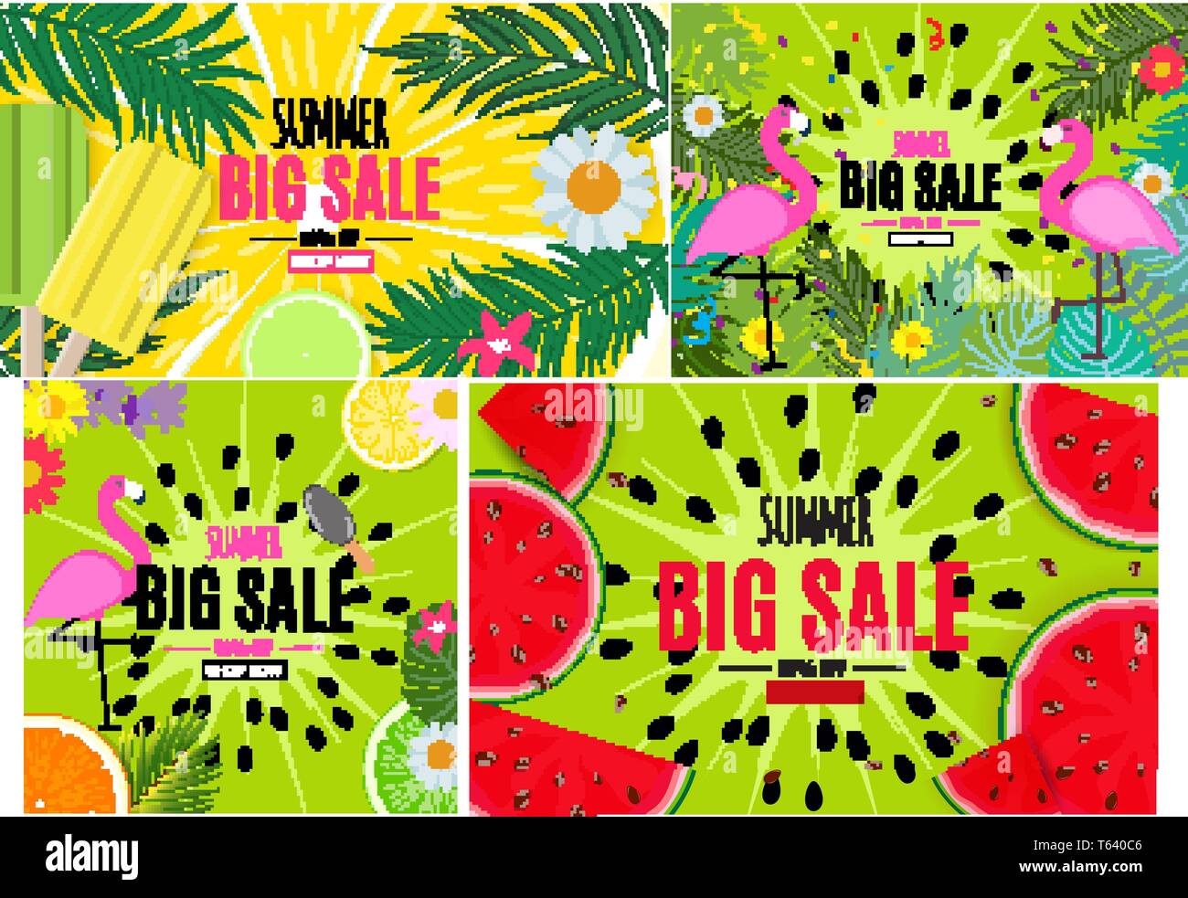 Abstract Summer Sale Background with Palm Leaves and Flamingo Template ...