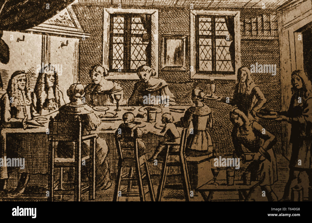 An old print of a 17th century domestic scene in an upper class family house showing servants serving food and wine, a mirror on the wall and two infants in high chairs. Stock Photo