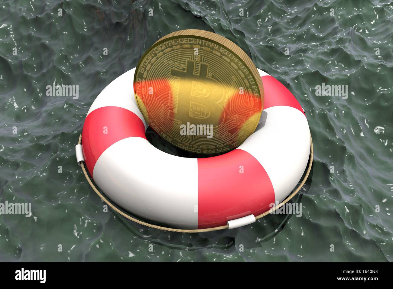 3d illustration: gold bitcoin token on a Lifebuoy on the background of  muddy water. Cryptocurrency rescue, economic and information support.  Business Stock Photo - Alamy