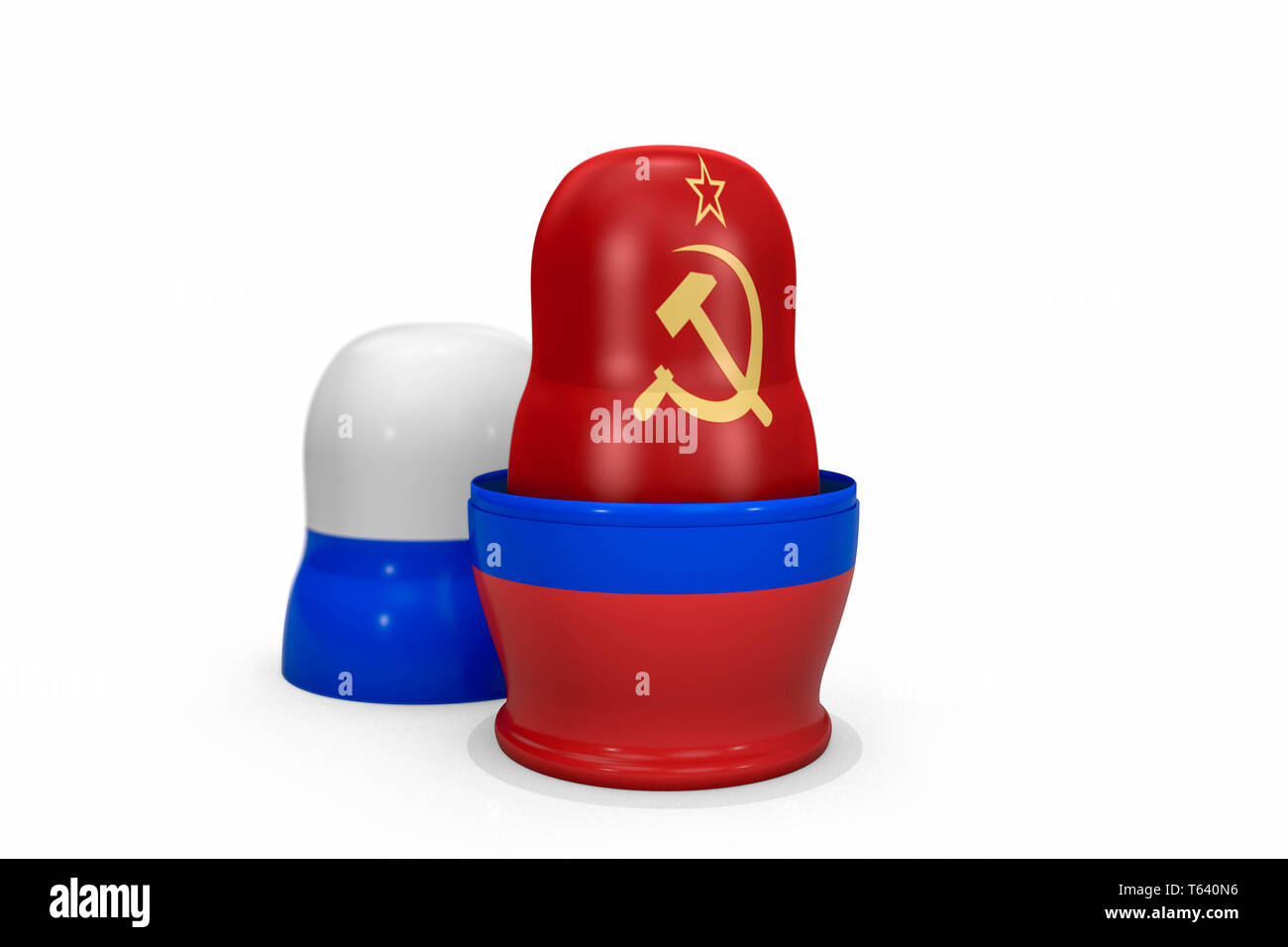 3d illustration: matryoshka with the flag of the USSR in an open nesting doll of Russian Federation, isolated on white background. A political concept Stock Photo