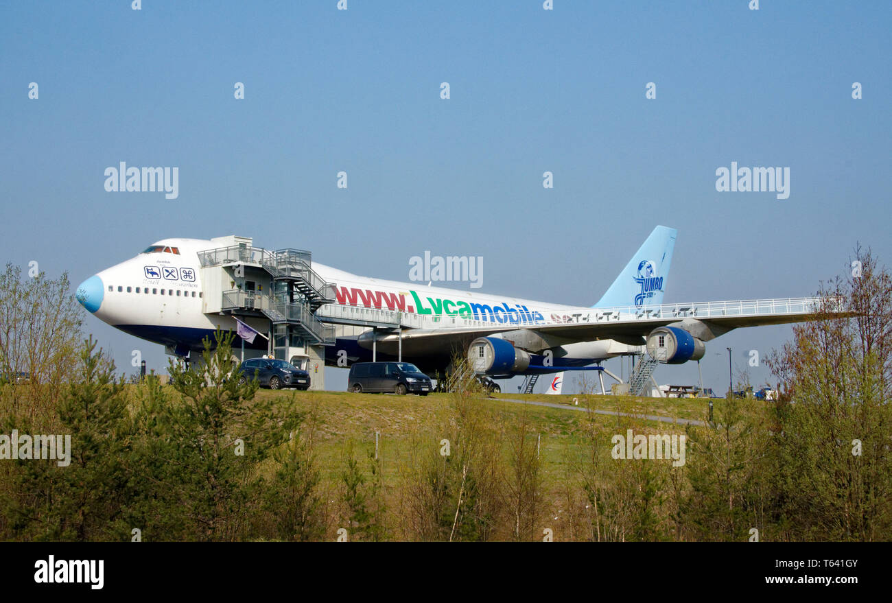 The quirky Jumbo hotel, a converted 747, by Arlanda Airport, Stockholm, Sweden Stock Photo