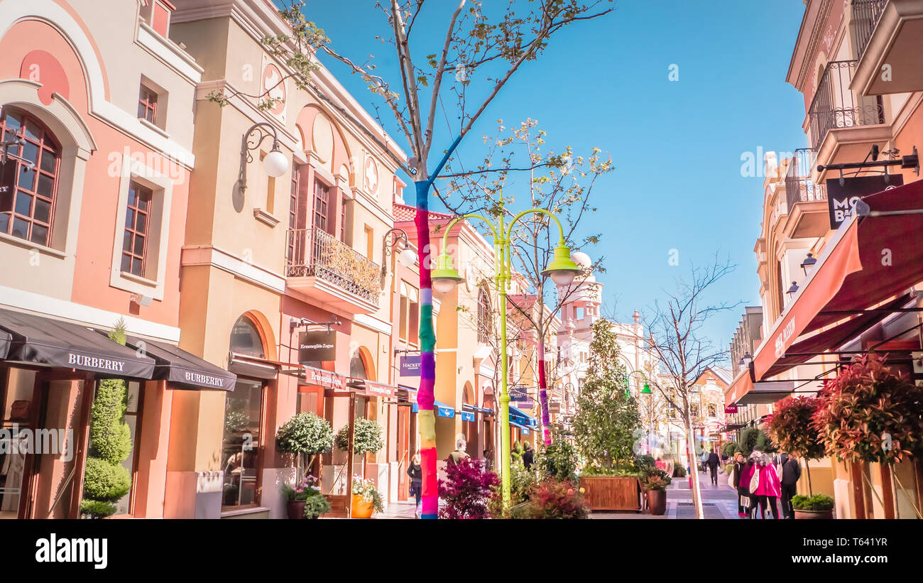 Madrid / Spain - 03 30 2019: Las Rozas village is an open-air shopping  village with pedestrianized streets with luxury outlet fashion boutiques  Stock Photo - Alamy