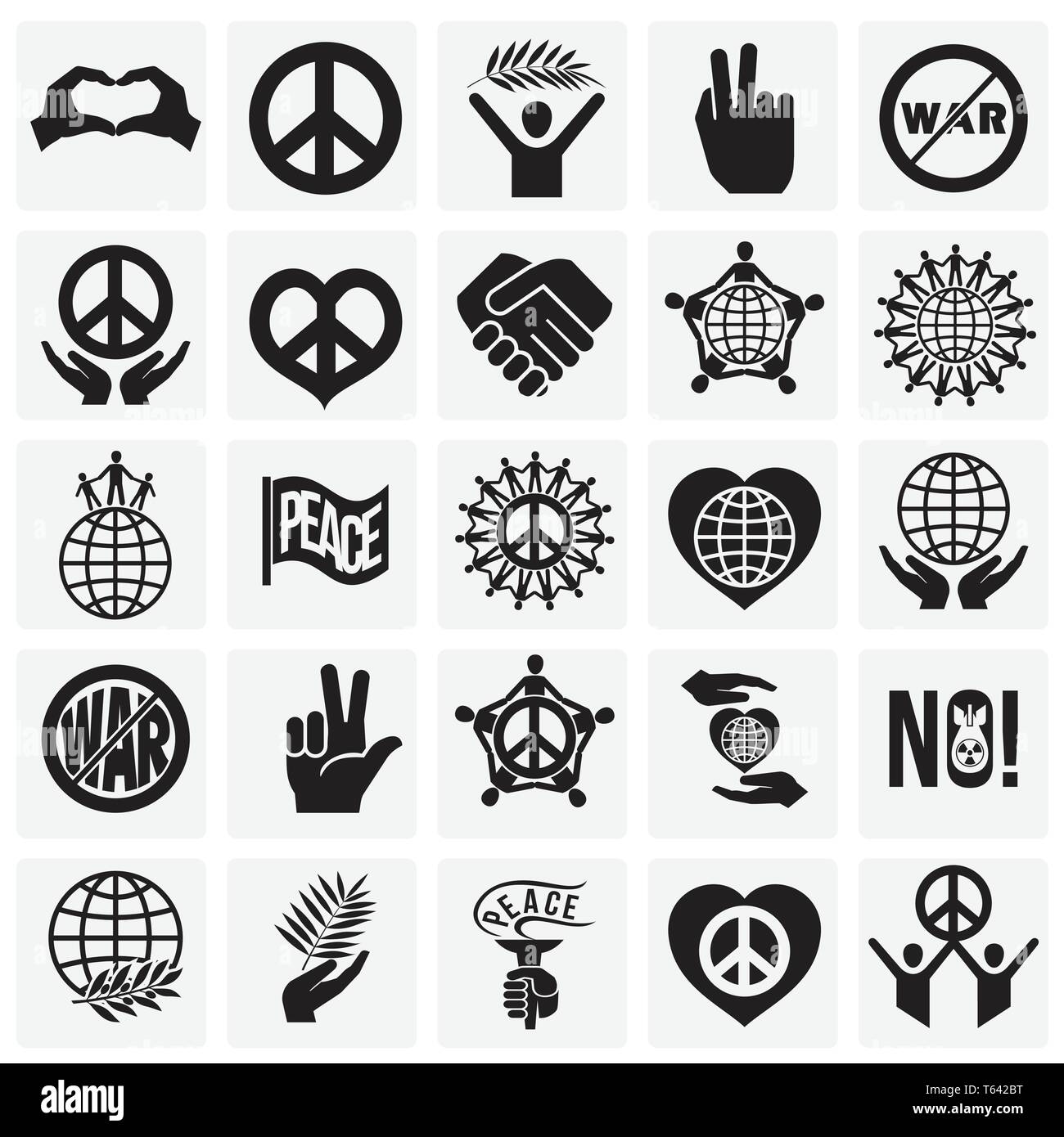 Peace icons set on squares background for graphic and web design. Simple vector sign. Internet concept symbol for website button or mobile app. Stock Vector