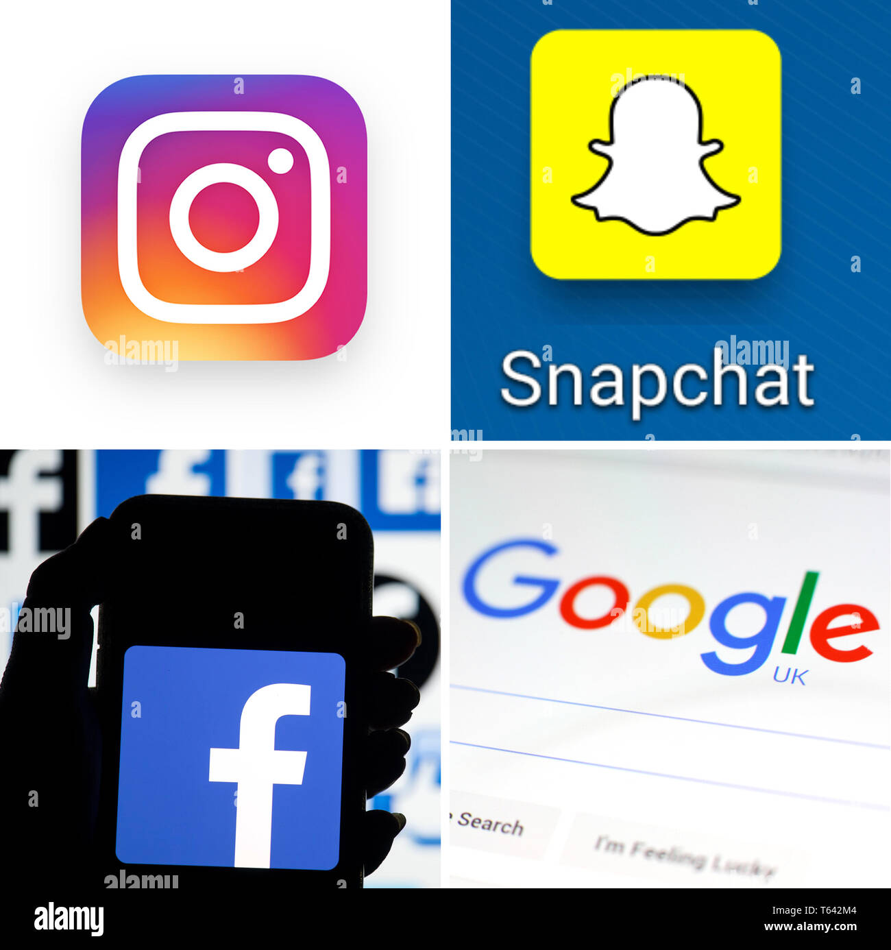 Composite logos of social media platforms, (clockwise from top left) Instagram, Snapchat, Google and Facebook, as representatives for the social media giants have been summoned by the Government to meet with the Samaritans over plans to rid the internet of self-harm videos and other content. Stock Photo