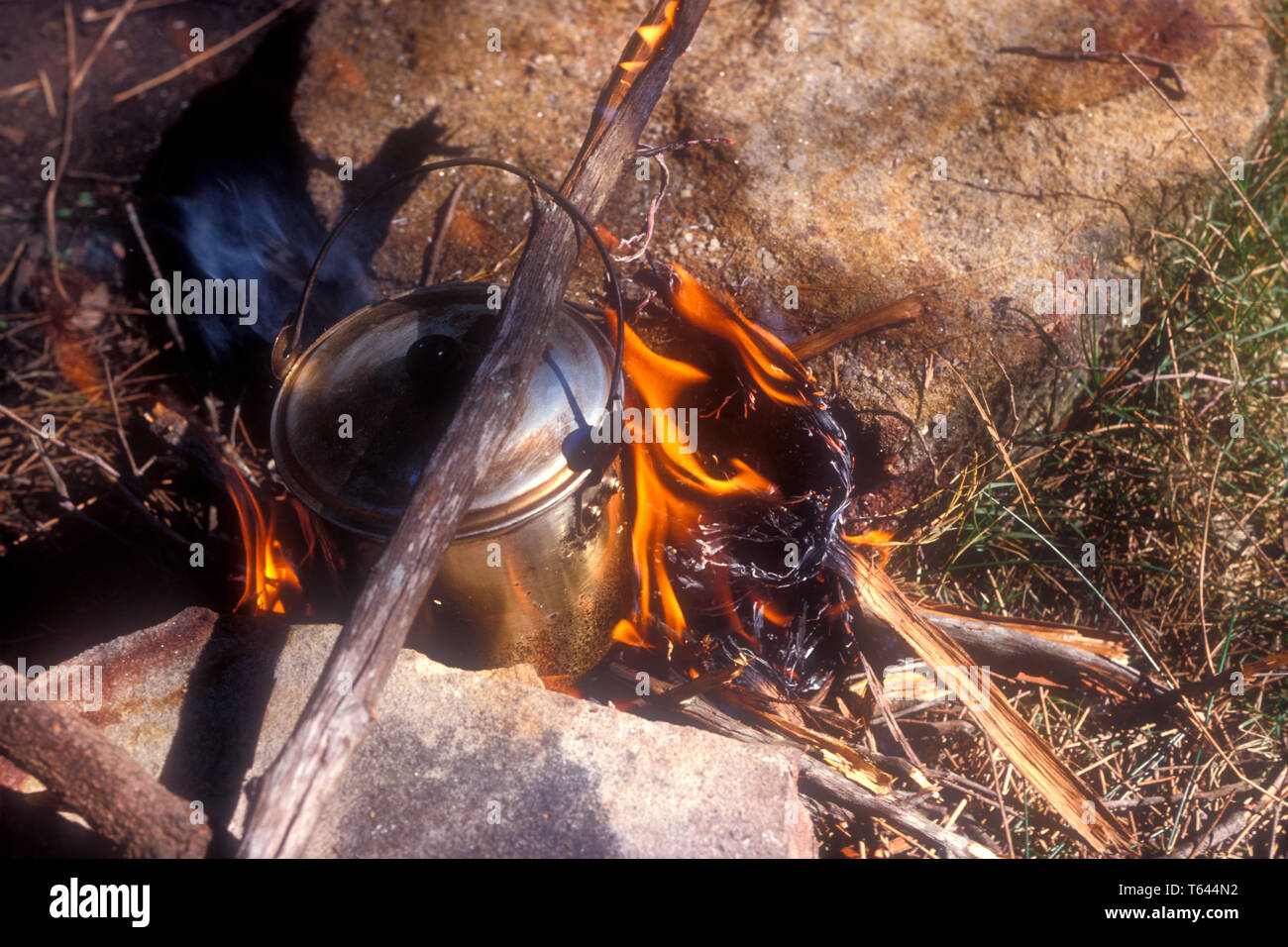 BILLY BOILING ON OPEN FIRE AT A CAMPSITE IN NEW SOUTH WALES, AUSTRALIA ...