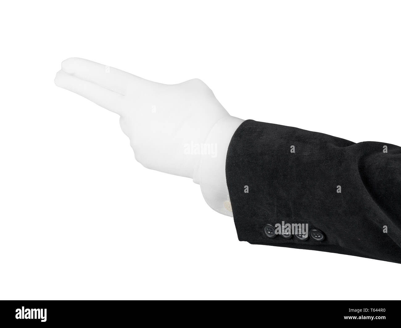 Man hand in black suit and white gloves showing shooting gesture. Isolated on white, clipping path included Stock Photo