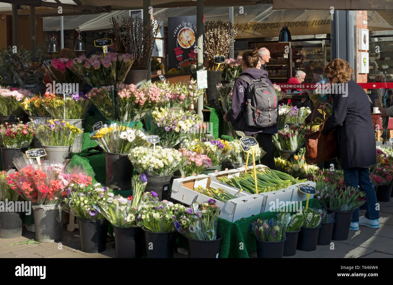 Fresh flowers for sale on outdoor market stall in the city town centre York North Yorkshire England UK United Kingdom GB Great Britain Stock Photo