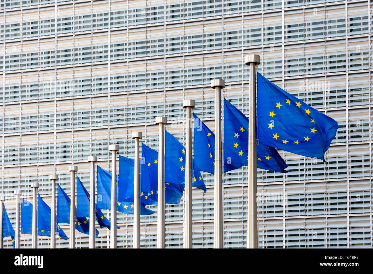 Flags of the European Union blowing in the wind in front of the Berlaymont building, headquarters of the European Commission in Brussels, Belgium. Stock Photo