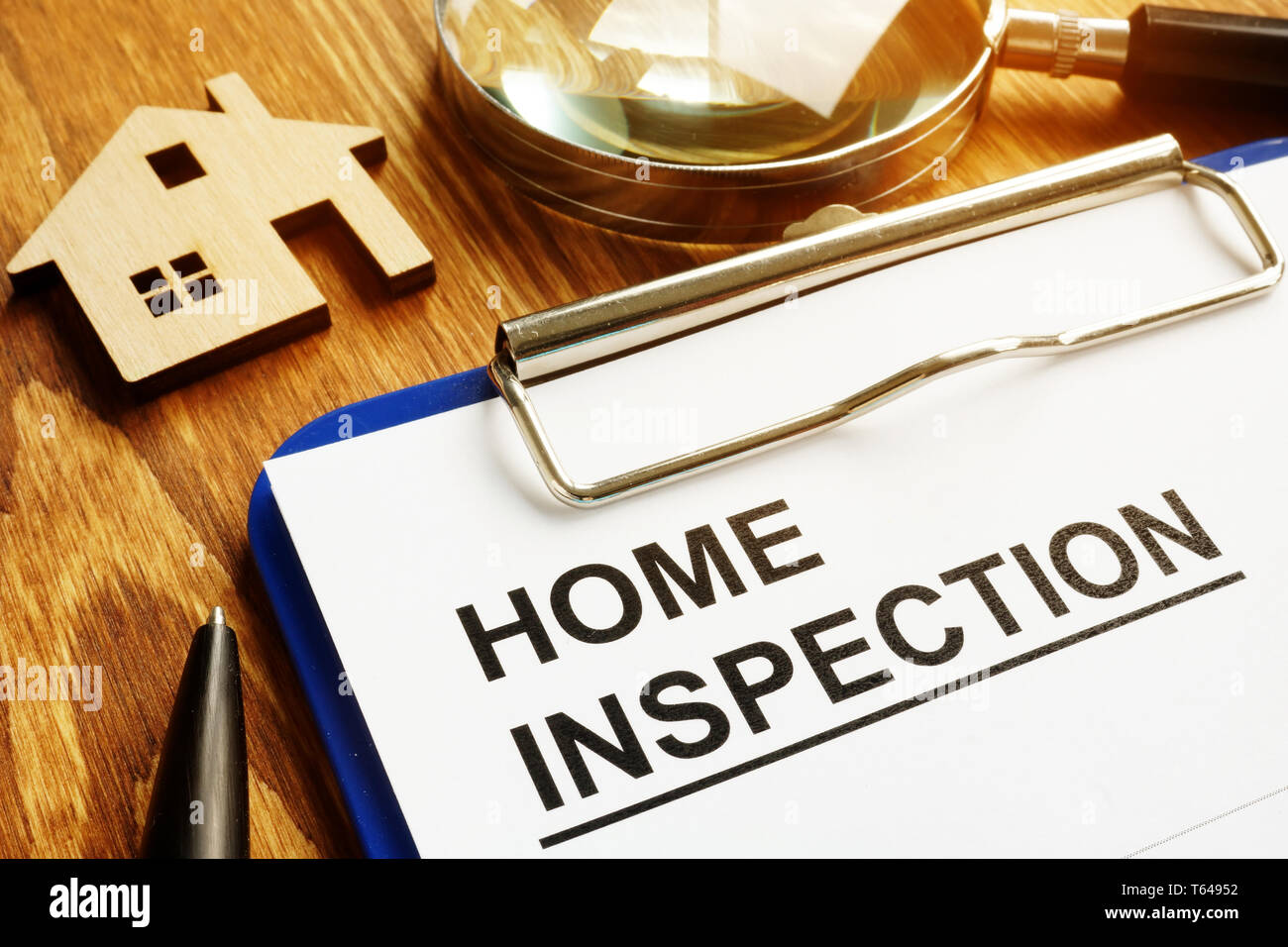 Home inspection form with clipboard and pen. Stock Photo