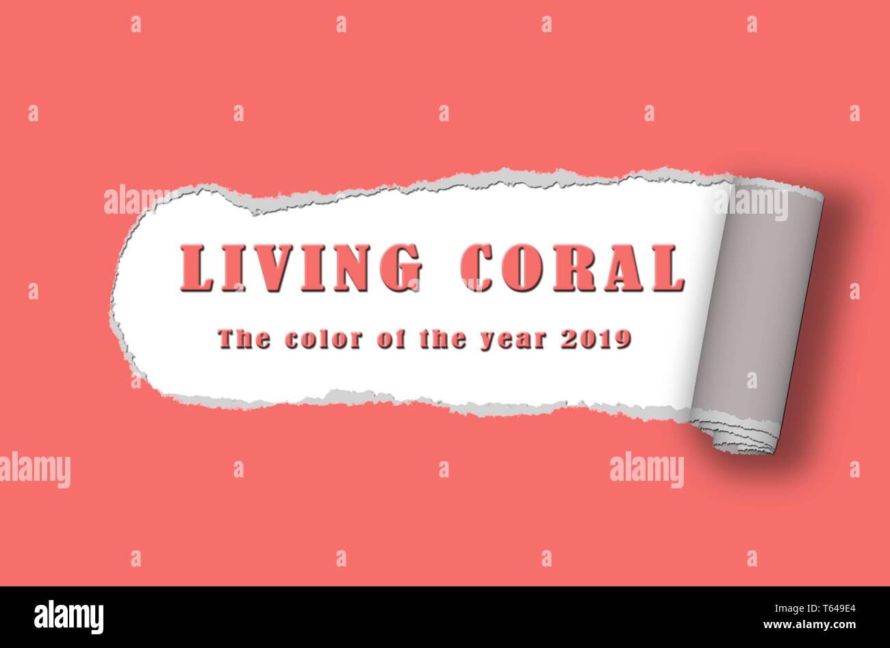 Text - Colour of the year 2019, Living Coral - on coral ripped paper background Stock Photo