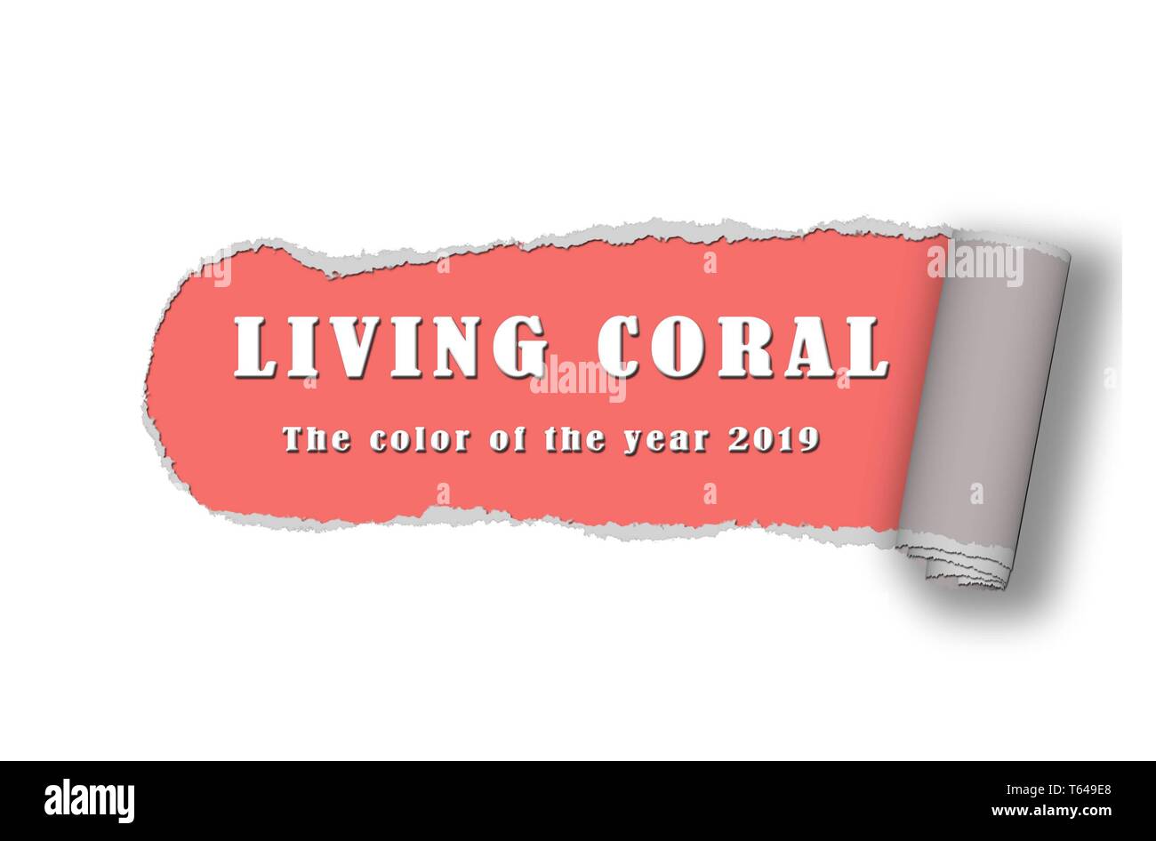 Text - Colour of the year 2019, Living Coral - on white ripped paper background Stock Photo