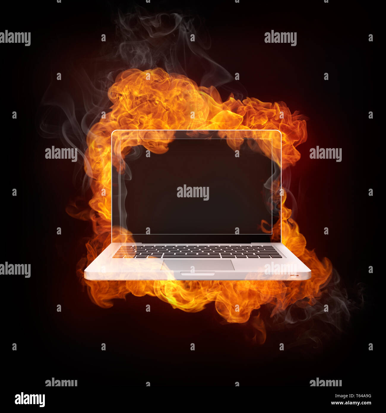 Laptop in Fire Stock Photo Alamy