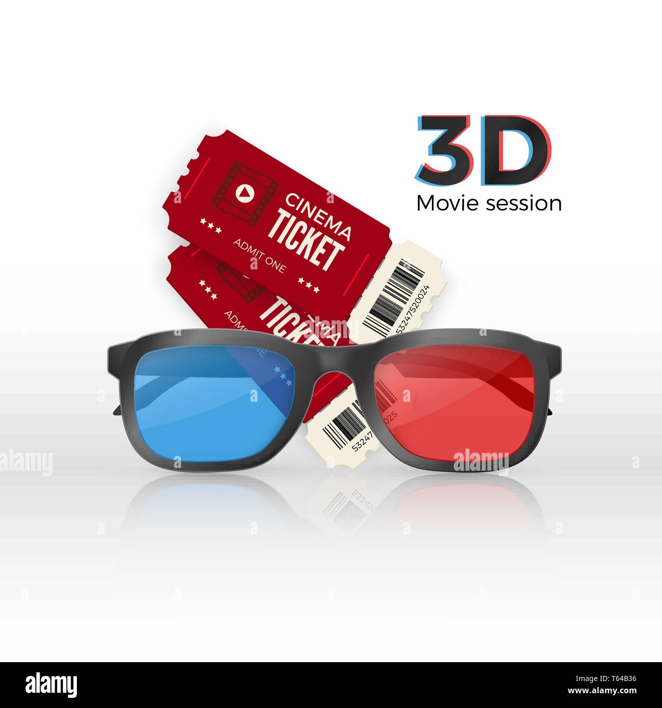 Two cinema tickets an 3d plastic glasses with red and blue glass. Vector illustration Stock Vector