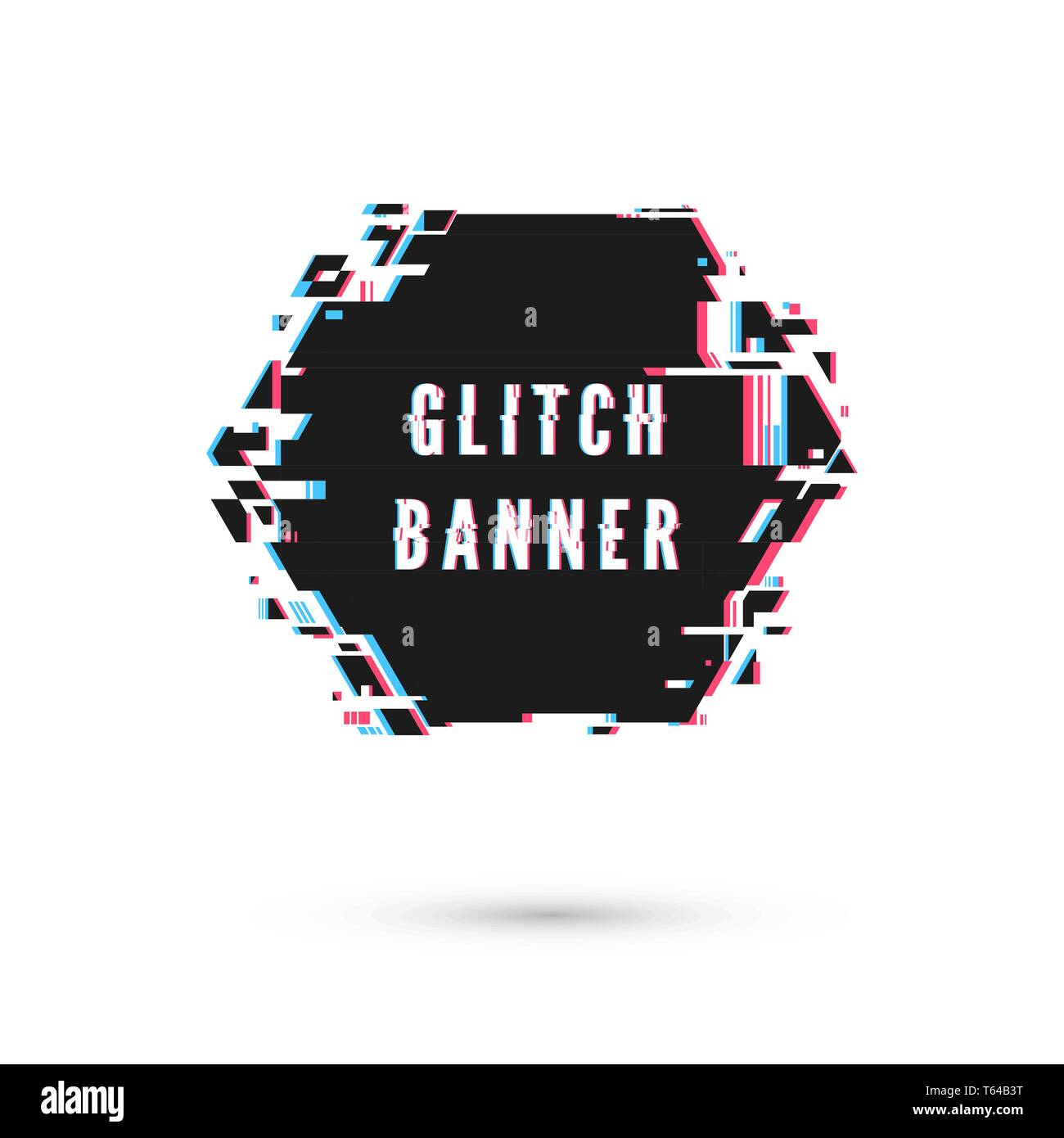 Hexagonal banner form in distorted glitch style. Vector illustration isolated on white background Stock Vector