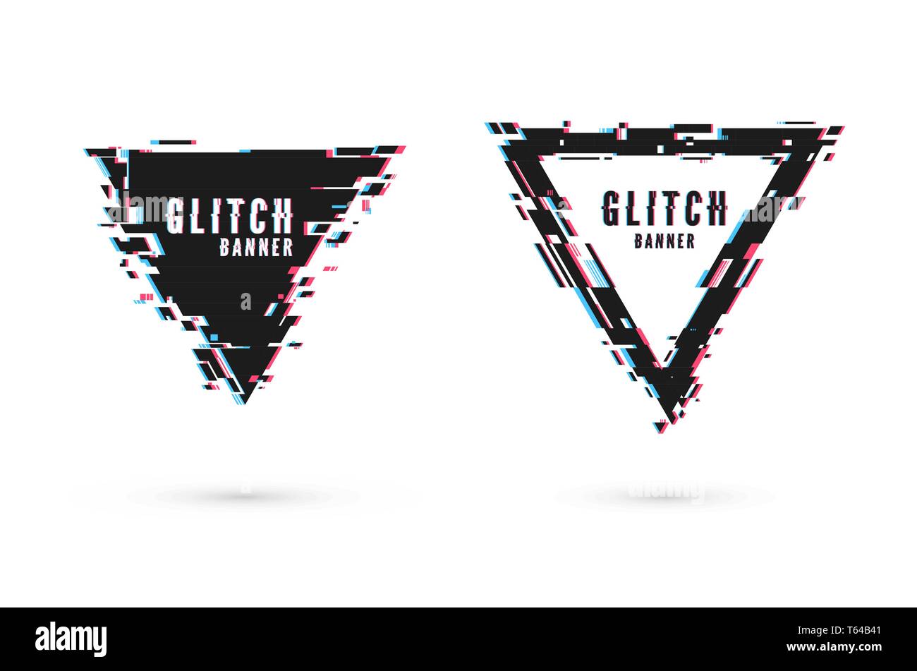 Geometric banner with distortion effect - Glitch. Triangle shape frame. Digital technology modern poster and flyer template. Vector illustration isola Stock Vector